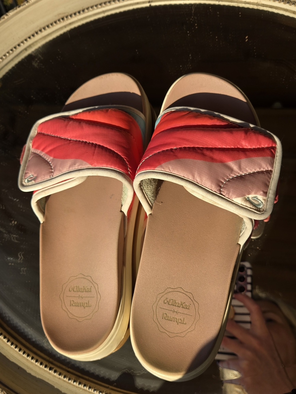 OluKai Quilted Slide Sandals in Pink and Red